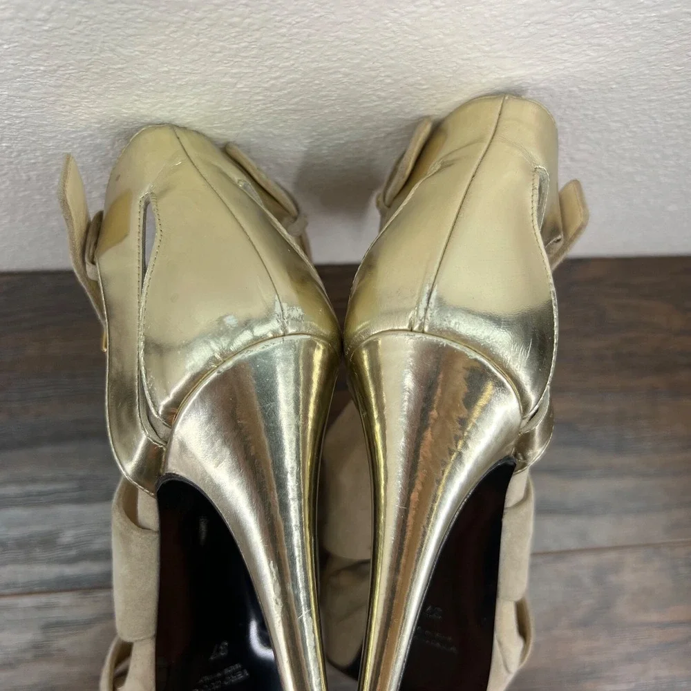 Burak Uyan Burakuyan Womens 37 US 7 Beige Gold Suede Leather Platform Heels